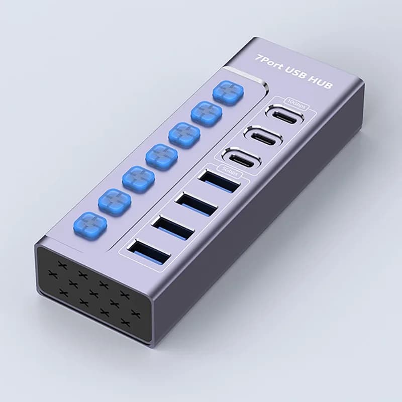 7 Port USB Hub with Individual Switch Charging Data Transfer 10Gbps Expansion Dock for PC Laptop Workstation Multi Device