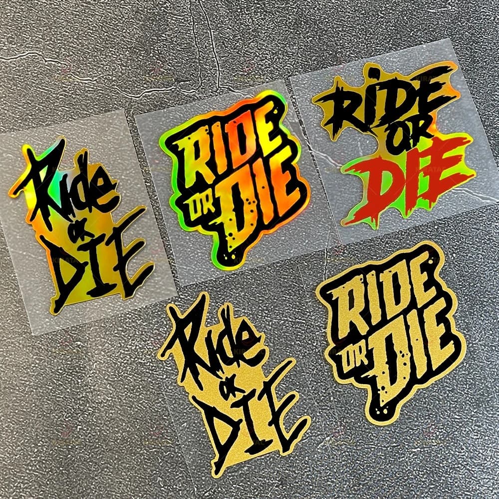 Set di 2 Adesivi Dorati "RIDE OR DIE" Impermeabili in Vinile per Auto, Casco, Manubrio di Bicicletta