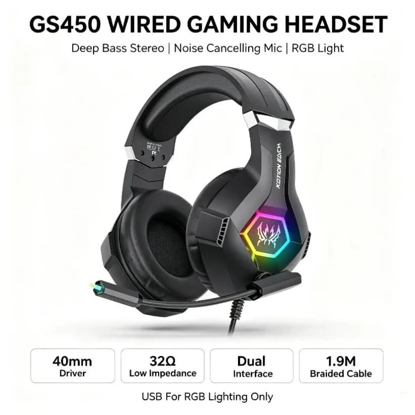 3.5mm Gaming Headset Wired Stereo Bass RGB Light Noise Cancelling Mic For PS4 PS5 PC Xbox One Mobile USB Braided Black