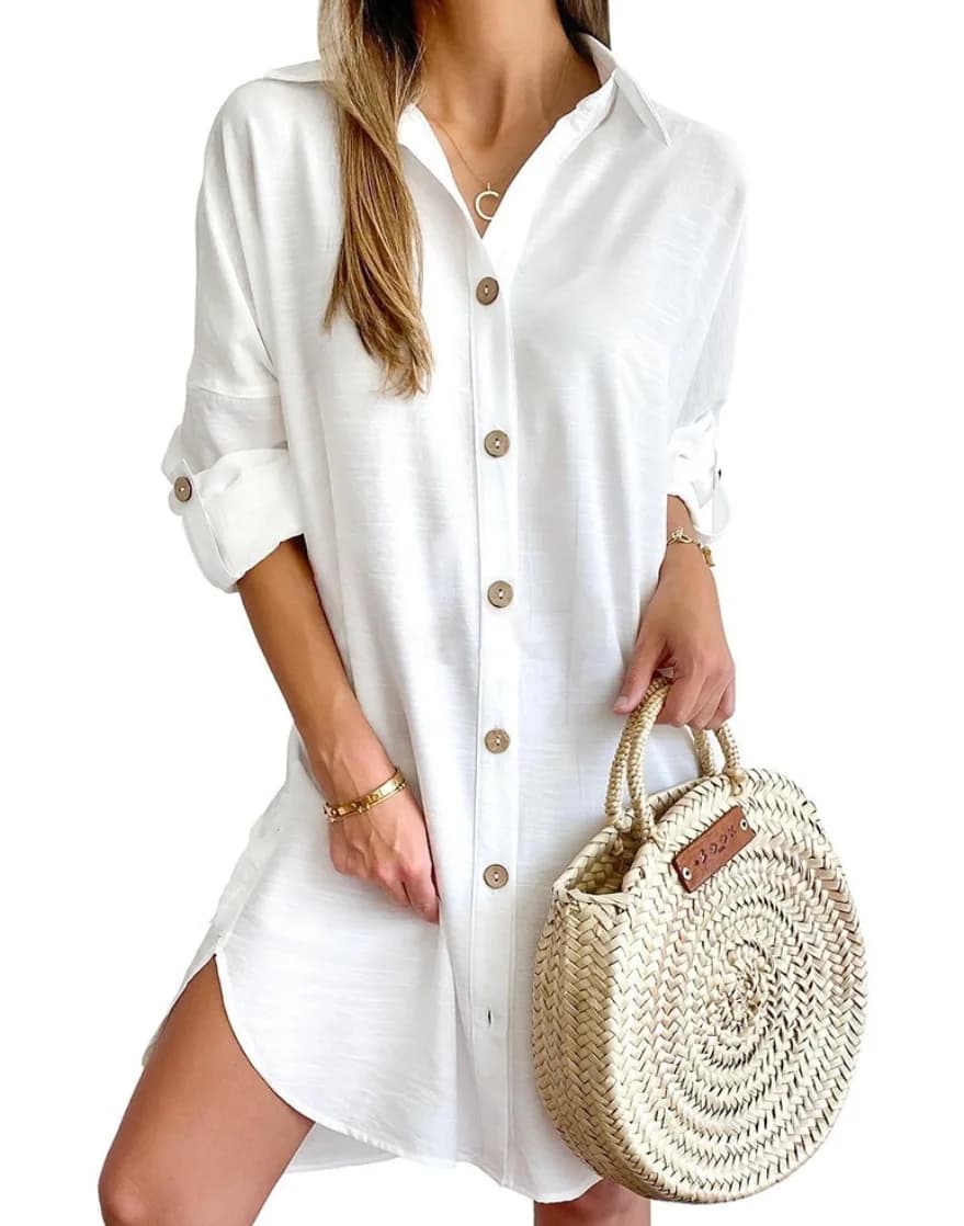 Abito da donna in tinta unita 2024 Primavera Estate Pendolarismo Stile Casual Polo a maniche lunghe con bottoni Abito camicia Mini abito alla moda