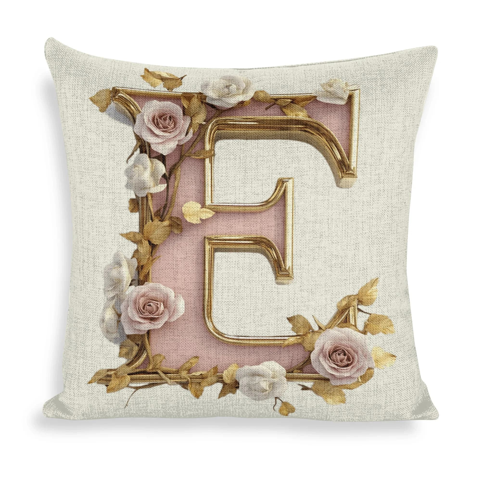 Fodera per cuscino con lettera E rosa floreale, adatta per la decorazione del divano e della camera da letto, regalo unico per le vacanze