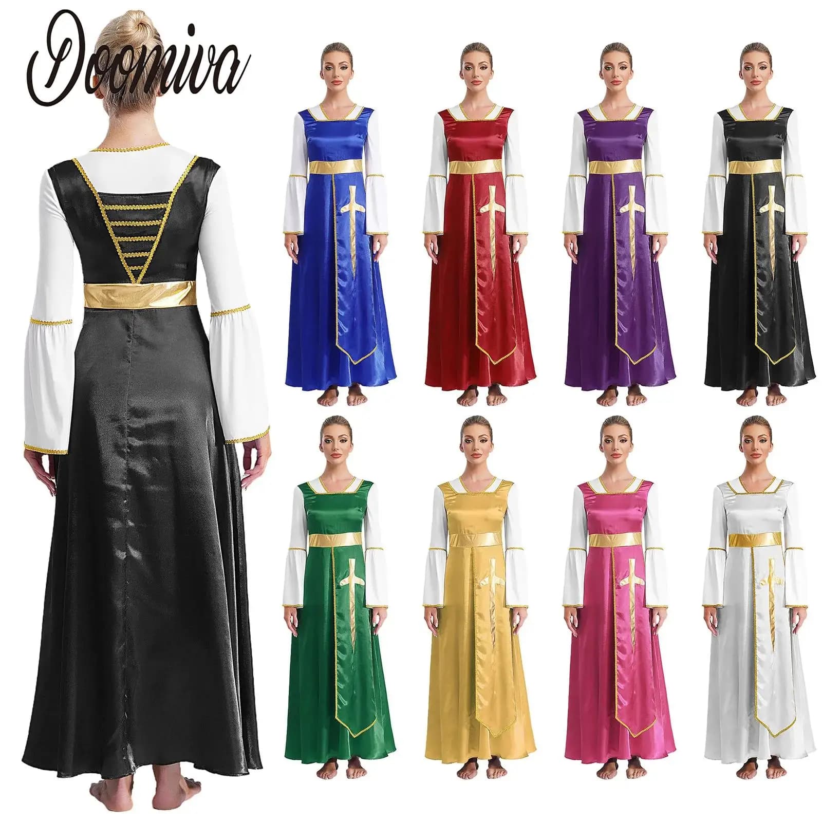 Abito da ballo liturgico da donna con croce metallizzata, costume da culto per coro della chiesa, abito lungo senza maniche con sovrapposizione di volant