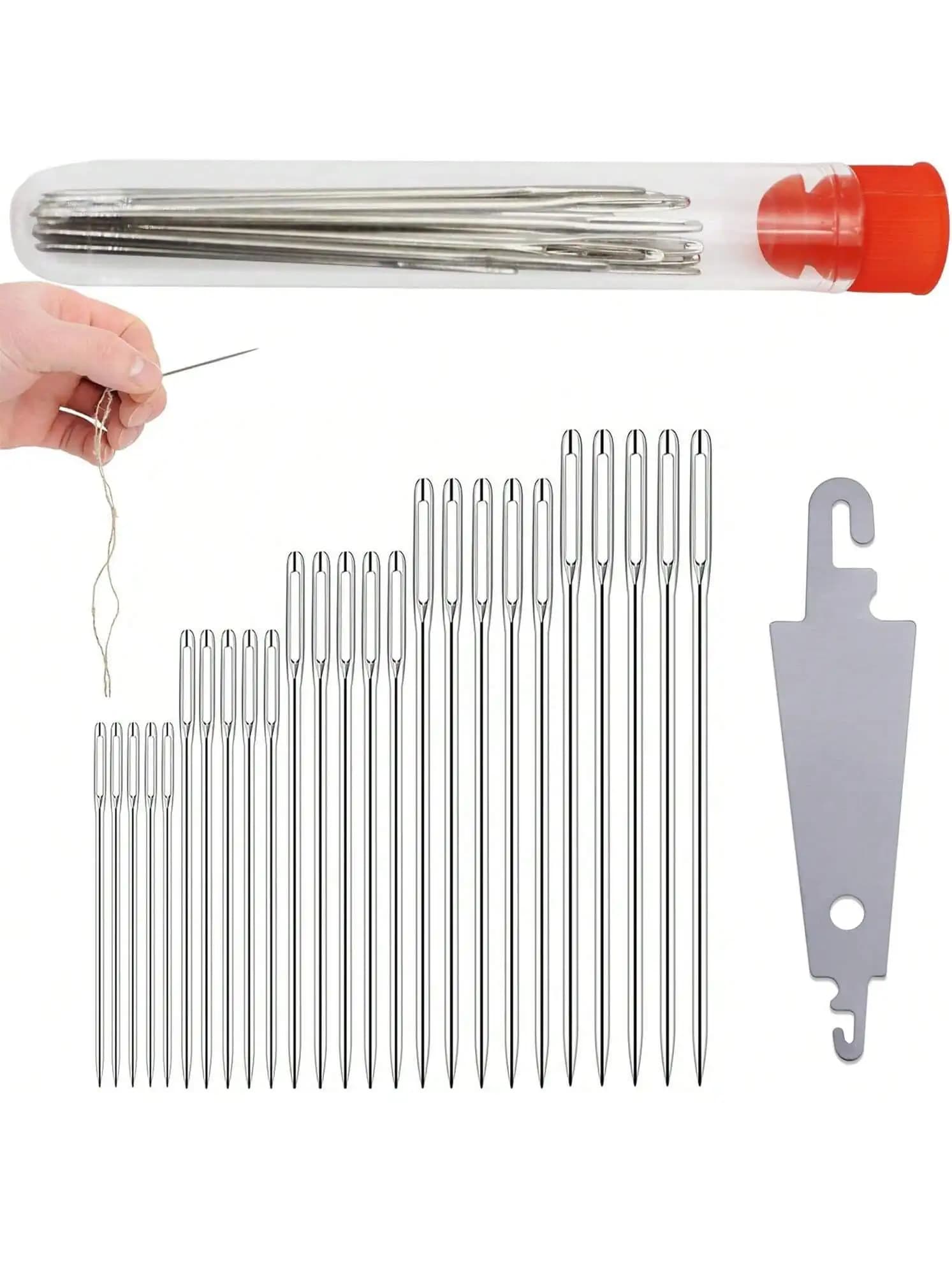 25pcs Big Eye Hand Sewing, 5 Sizes Sewing Needles, Needles for Sewing, Large Eye Sewing Needles with a Threader, for Mesh, Denim