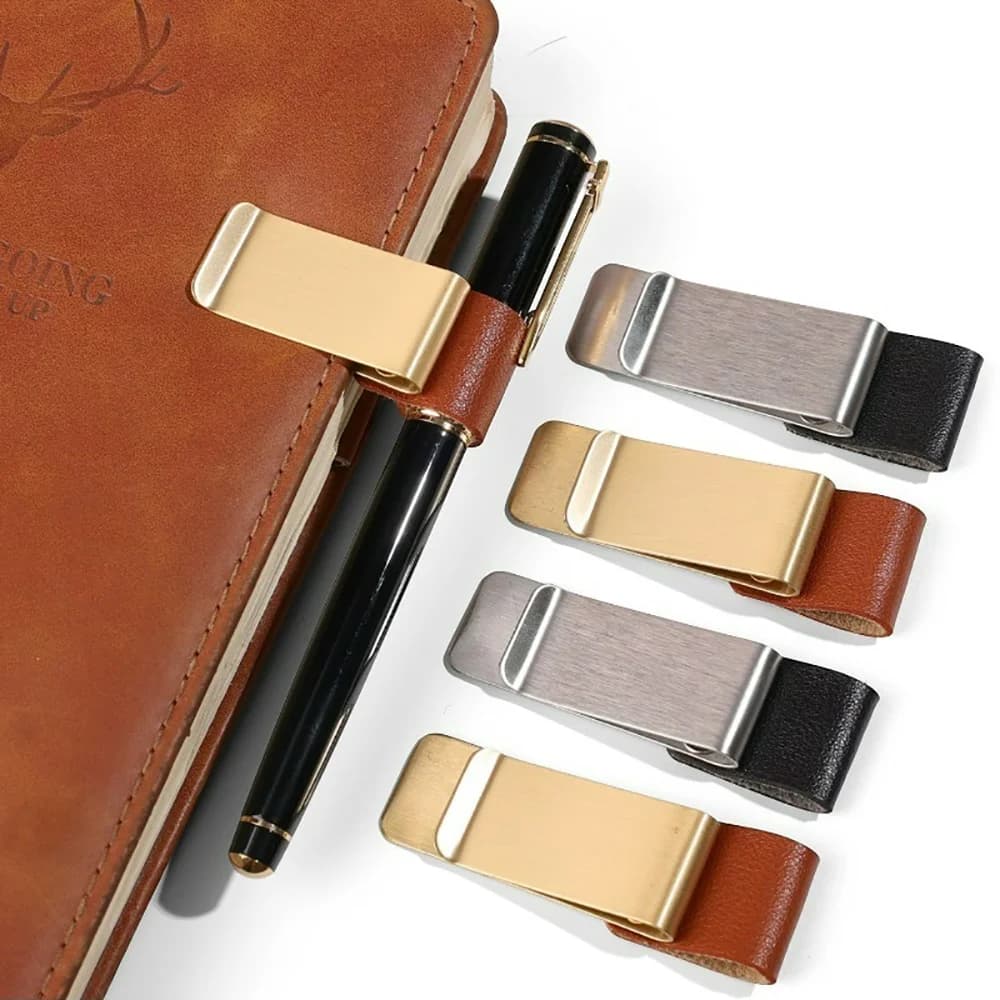 Handmade Leather Brass Stainless Steel Pen Holder Clip Multipurpose Journal Notebook Paper Folder Writing Office Supplies