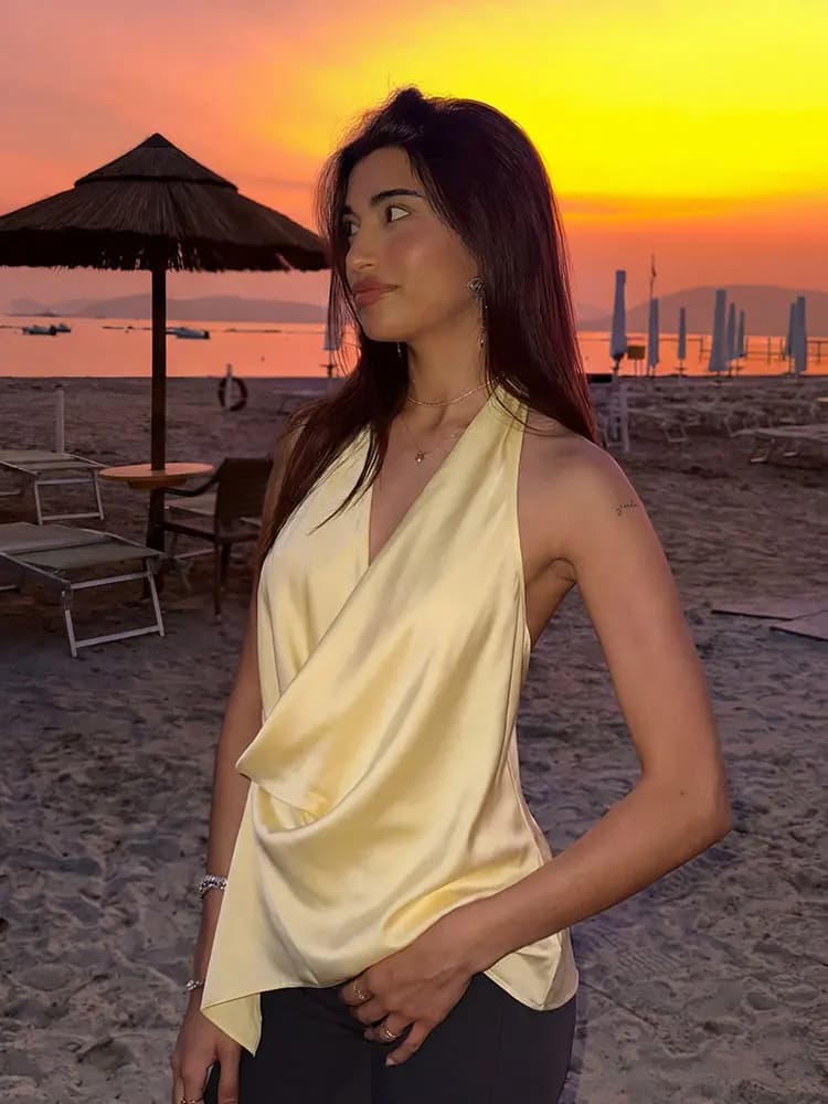 HH Top Elegante da Donna in Raso con Collo Halter e Scollo Drappeggiato, Blusa con Orlo Asimmetrico per Donna, Top Giallo Estivo Casual da Festa