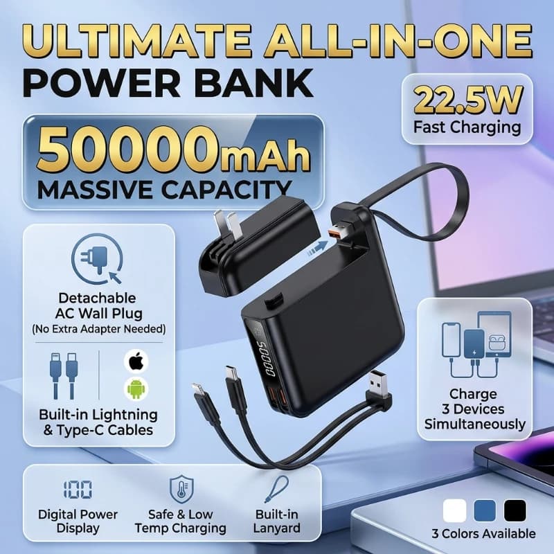 50000mAh Large Capacity Power Pack 22.5W Fast Charge Built-in Cord & AC Wall Plug Portable Charger for iPhone Xiaomi Smartphones