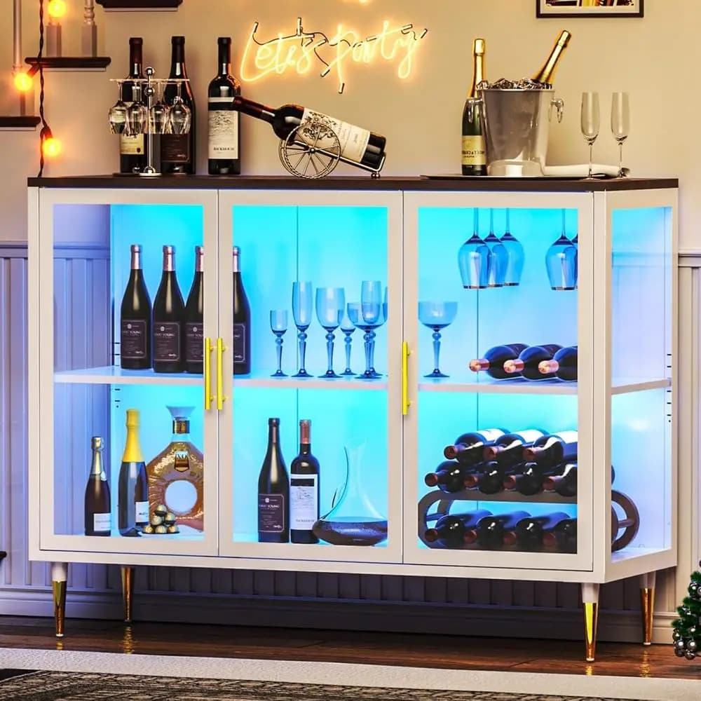 Mobile Bar in Legno Illuminato a LED con Portabicchieri e Portabottiglie per Casa, Adatto per Soggiorno e Sala da Pranzo (Bianco)