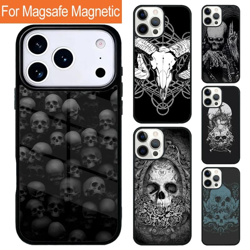 Custodia Magnetica Wireless Morbida con Teschio Satanico Spaventoso per iPhone 17 Pro 16 15 13 12 11 Pro Max Air 14 Plus con Cover Magsafe