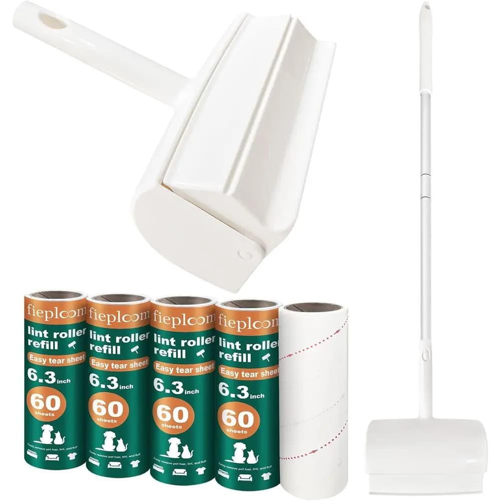 Rullo per peli di animali extra adesivo con manico lungo, larghezza 6,3 cm, 5 ricariche (300 fogli), detergente per pelucchi e tappeti