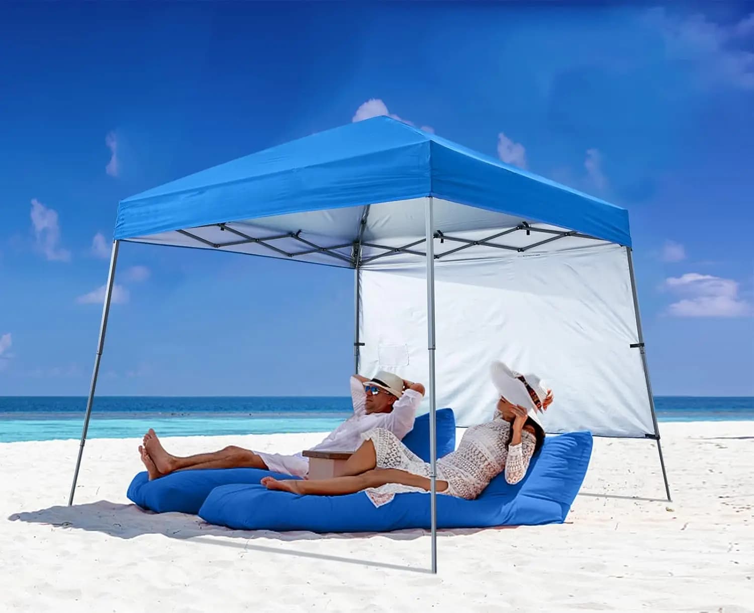 Gazebo Pop-Up da Esterno 3x3m per Spiaggia e Campeggio con 1 Parete Parasole, Borsa a Zaino Bonus, Picchetti e Corde, Blu Royal