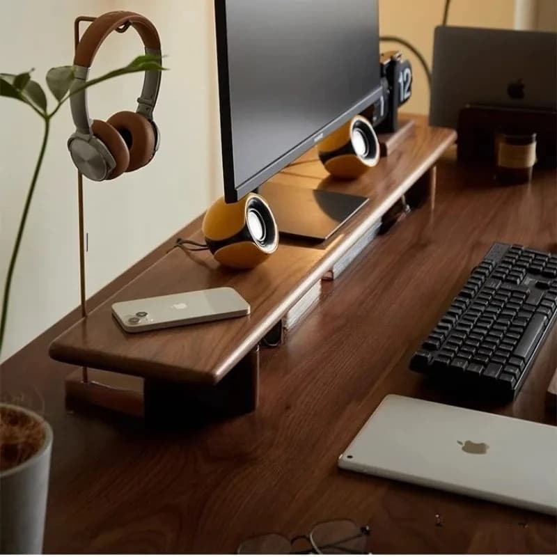 Espositori per scrivanie per computer in noce nera, rack rialzato, base multifunzionale a doppio schermo per ripiano organizer per classificazione desktop