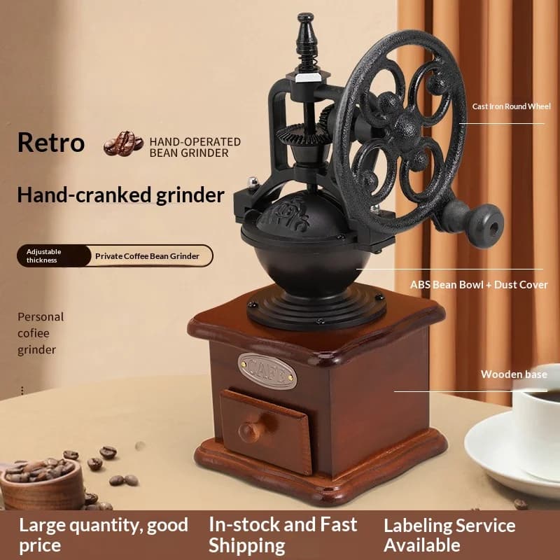 Macinacaffè Manuale Vintage in Ghisa con Grande Ruota e Manovella, Macina Chicchi di Caffè Retrò, Macchina per Macinare Antica per Casa