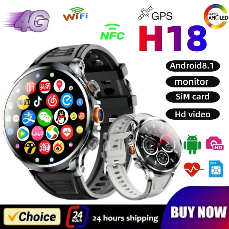 Smartwatch H18: 1.95" HD curved screen, GPS 4G LTE, NFC, SIM card support, side camera, Android operating system