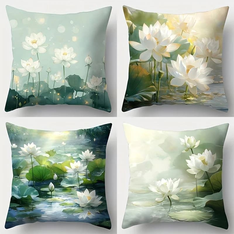 4 pezzi di fodere per cuscini con stampa fronte-retro di fiori di loto, in peluche corto, adatte per soggiorni, camere da letto, divani.