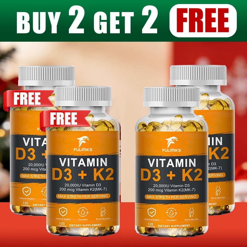 Buy 2 and Get 2 Free! Vitamin D3+K2 Capsules, Support for Ossa and Immunitarian System, Vegan Supplement for Ossea Precision and General Health