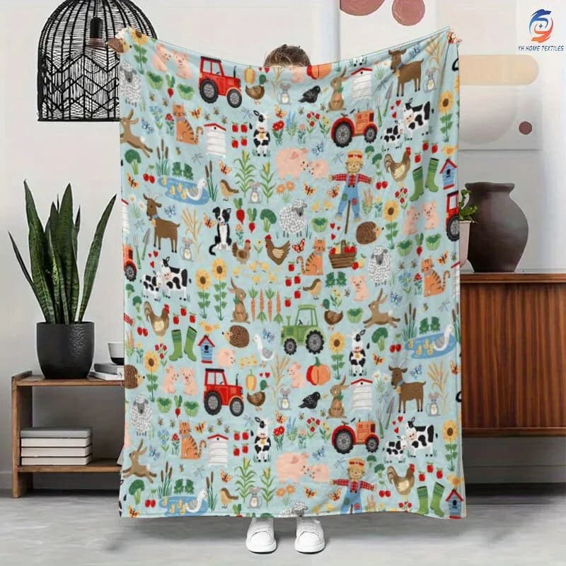 Coperta in flanella di poliestere morbida e calda con animali giocosi e trattori, per divano, letto, campeggio, viaggi, regalo di Natale, decorazione a tema fattoria