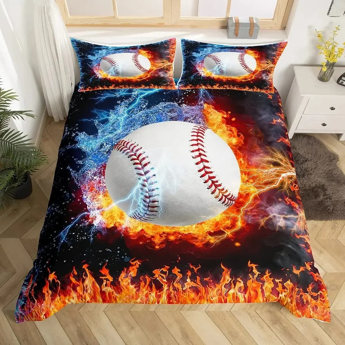 Set copripiumino da baseball Queen Size per l'arredamento della camera del ragazzo adolescente, set di biancheria da letto a tema sportivo con copripiumino da baseball per sport di fuoco e ghiaccio