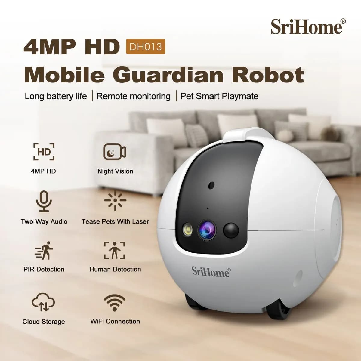 Srihome DH013 Telecamera Robot Intelligente Mobile 4MP, Videocamera Interna a Batteria Wireless con Zoom 3X per Sicurezza Domestica, Bambini e Animali