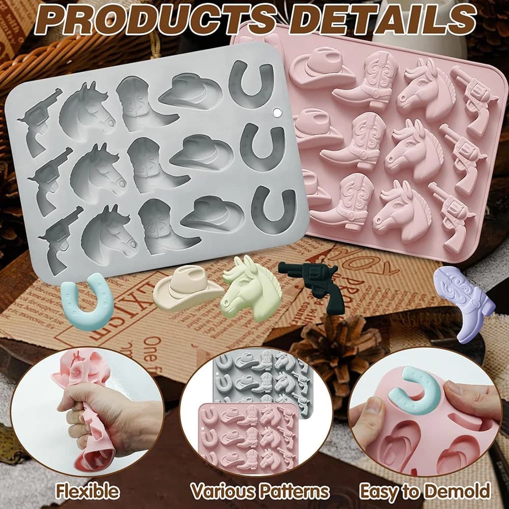 Stampi per cioccolato a forma di cowboy, stampi in silicone per caramelle a tema western, stampi per dolci, stampi per gelatine e cubetti di ghiaccio per decorazioni di torte e cakesicle.