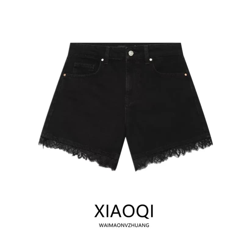 High Waist Lace Hem Denim Shorts Women's Fashion Summer New Arrival Versatile Lace Trimmed Shorts Stylish Slim Fit Jeans