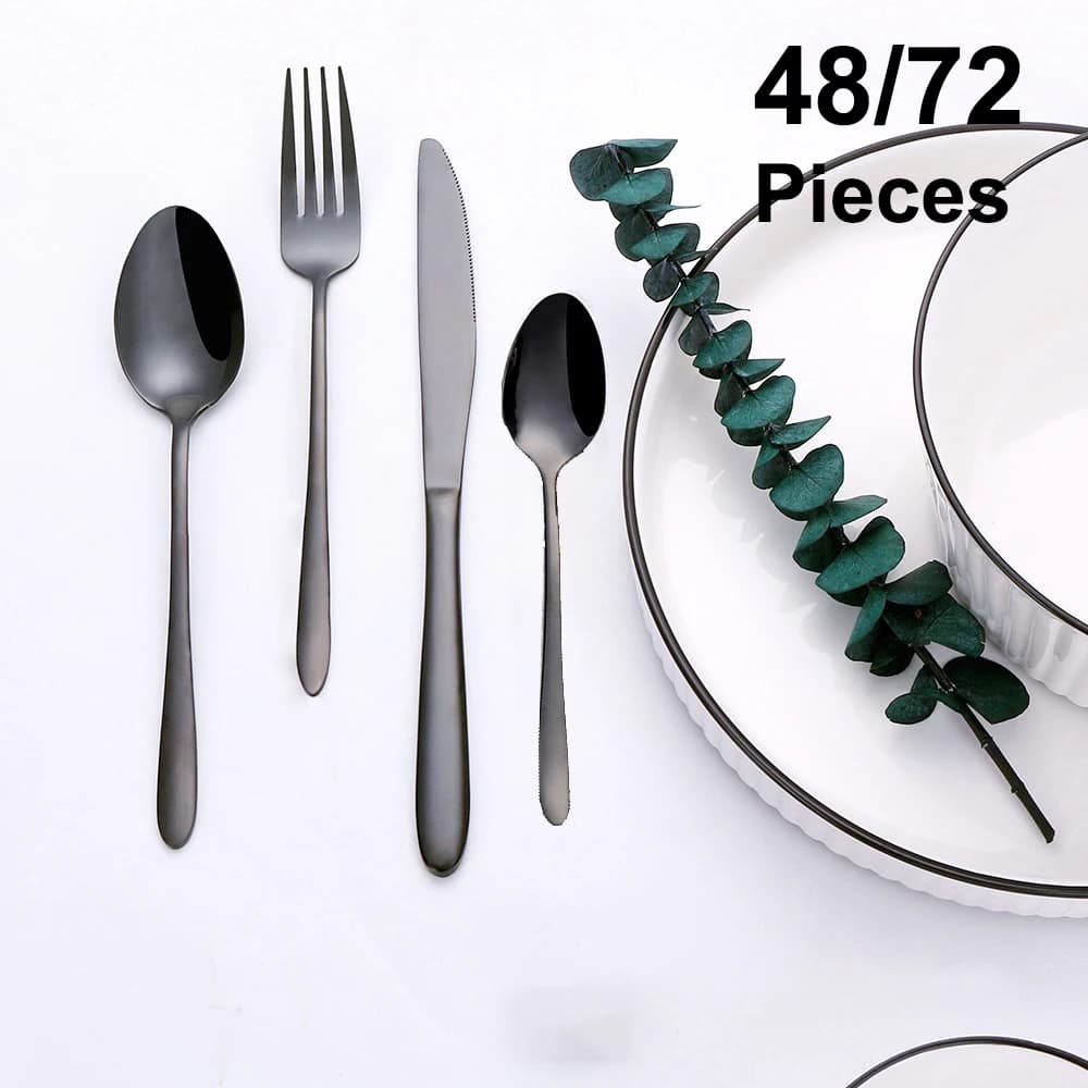 Black Cutlery Set Western Stainless Steel Slender Set Mirror knife fork spoon kitchen utensils 48 pieces 72 pieces