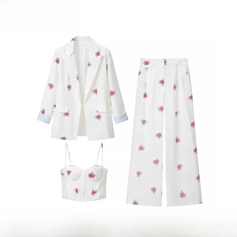 Fashionable ZR Style Spring Summer New Arrival Women's Suiting Jacket Strap Vest Wide Leg Pants Set Three Pieces Ensemble