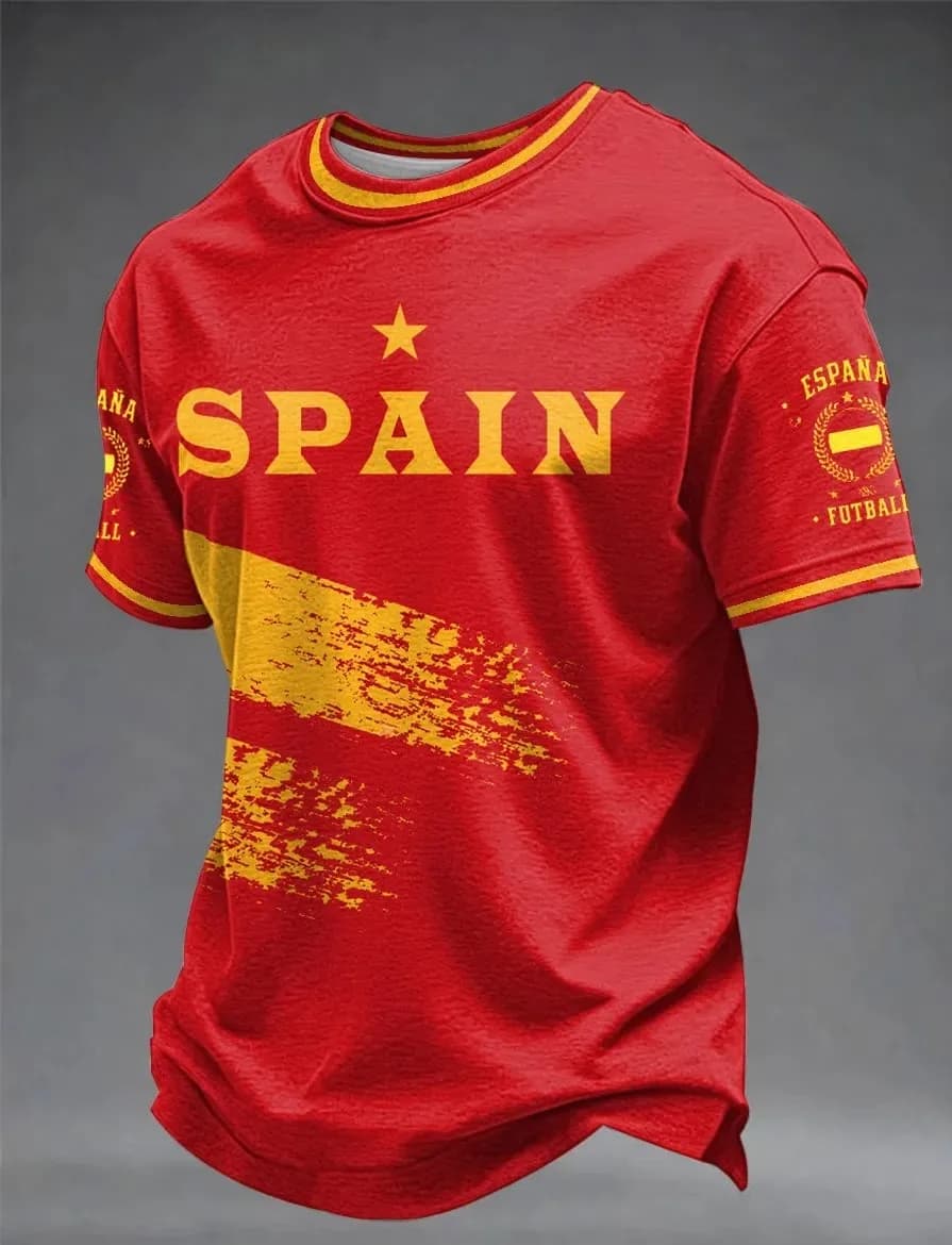 2026 New Spain Flag Embroidered 3D Printed T-Shirt Polyester Fiber Street Casual Shirt for Men Short Sleeve T-Shirt Sports Shirt
