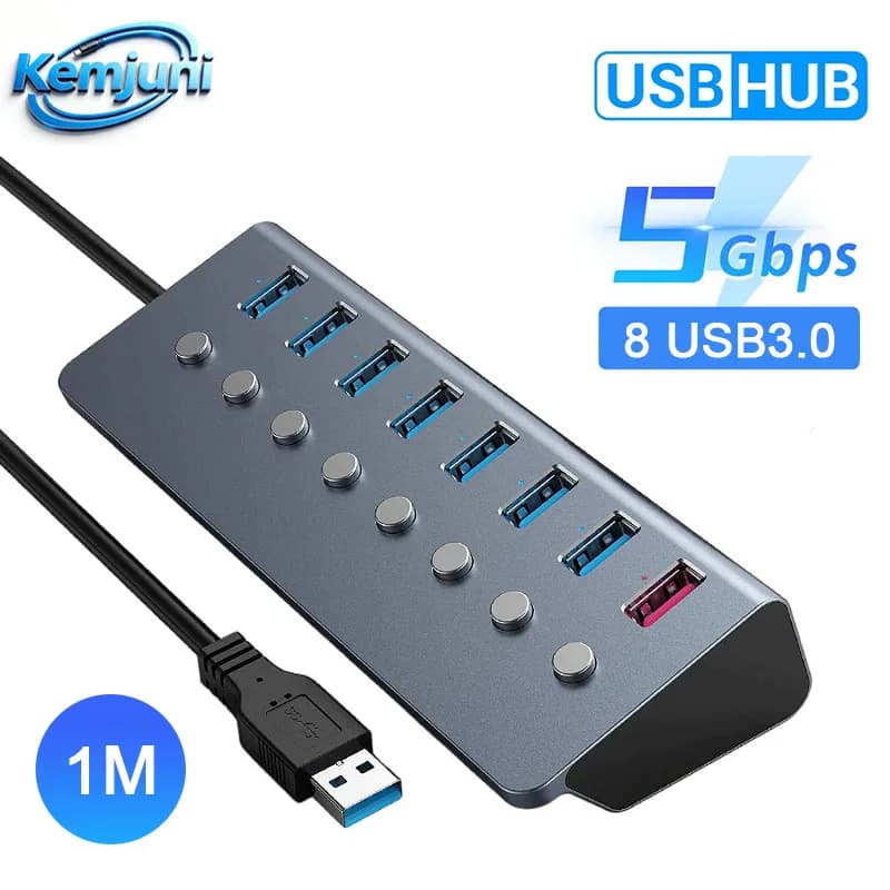 4/8 Port USB 3.0 Hub with Switch USB Splitter Rechargeable Extender 5GBPS High-speed Hub Suitable for MacBook Laptops