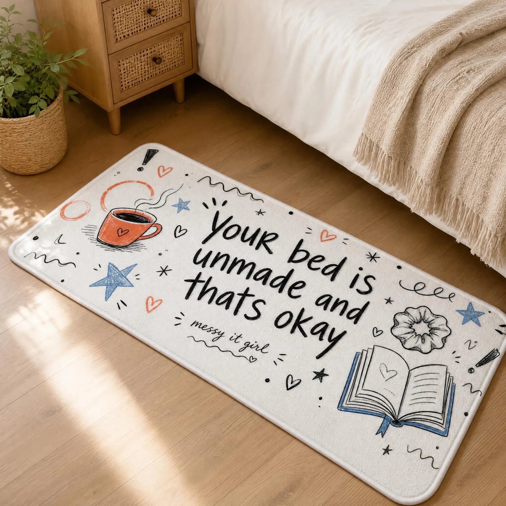 Cartoon Sketch Coffee Book Long Doormat, Your Bed Is Unmade Positive Quote Graphic Runner Rug, Soft Absorbent Mat for Casual Bed
