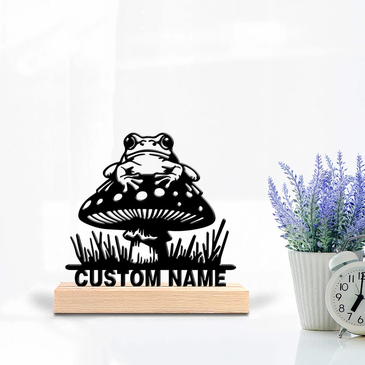 Statua in Metallo Personalizzata di Rana e Fungo con Base in Legno, Decorazione da Tavolo Zen