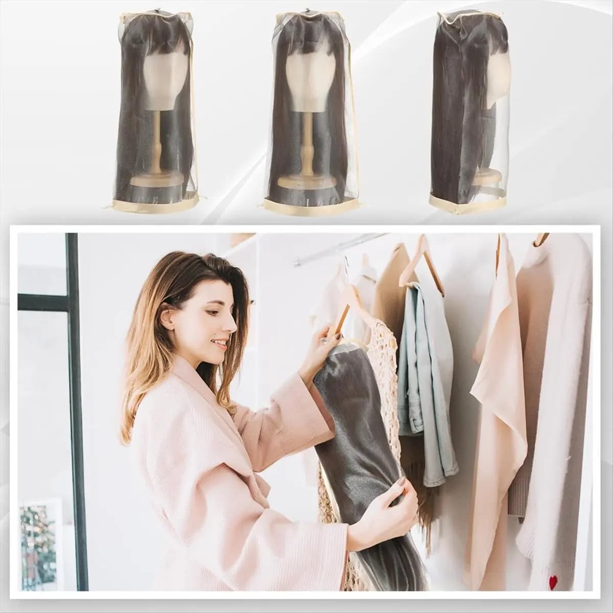 (ABKM) 6 sacchetti porta parrucche regolabili con coulisse, organizer da viaggio portatile per proteggere da sporco e polvere, beige