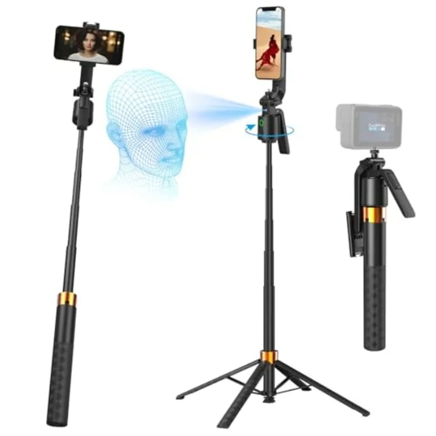 70 inch tripod with automatic face tracking for iPhone, gesture control, 360° rotation, phone tripod with gimbal stabilizer.