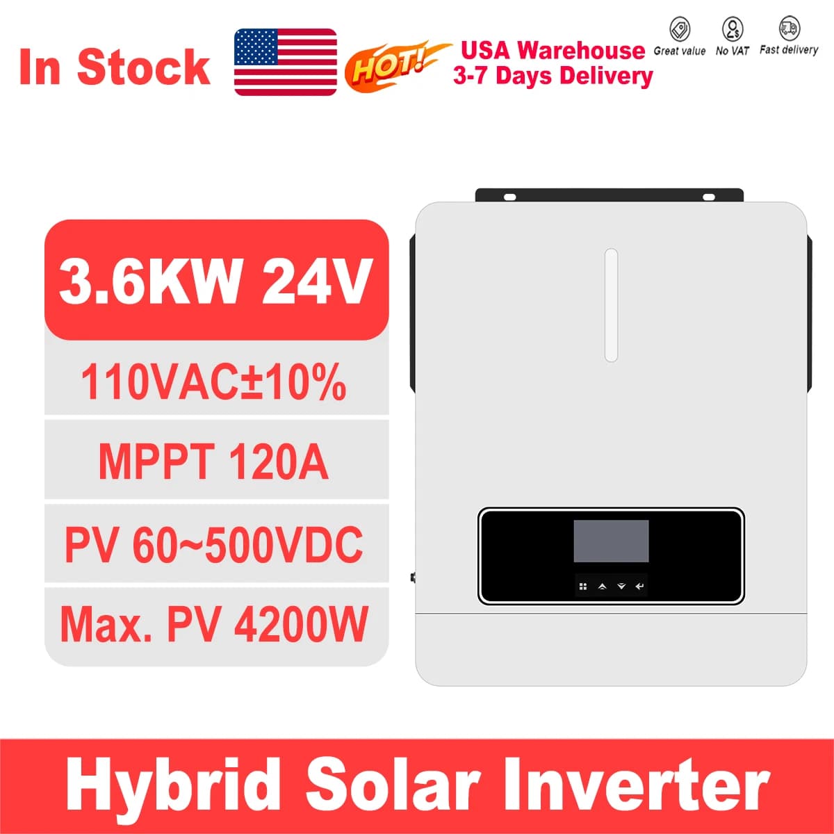 Inverter Solare Ibrido PowMr USA 3.6KW 24V a 110V/120V Doppia Uscita con Onda Sinusoidale Pura e Regolatore di Carica Solare MPPT 120A 50/60Hz