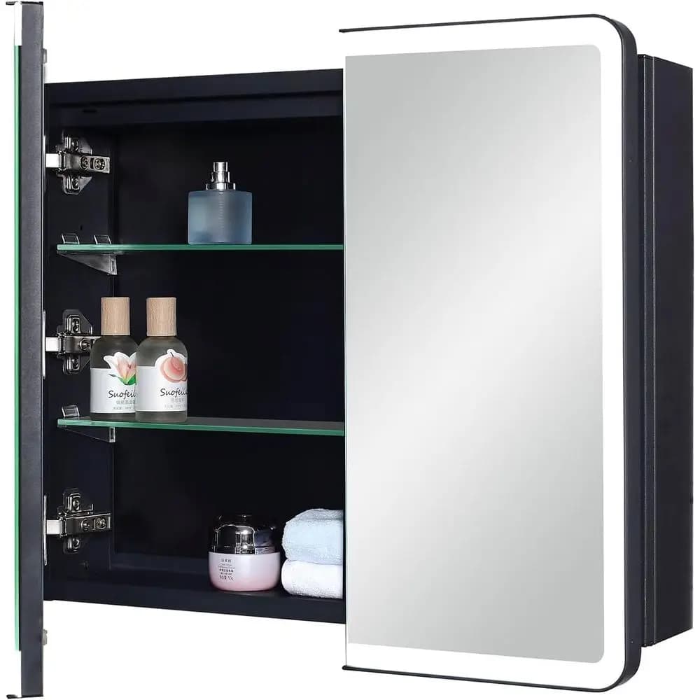 Armadietto da bagno a LED con specchio rotondo da 22 x 20 pollici, montaggio a incasso o a superficie, con ripiani in vetro regolabili.