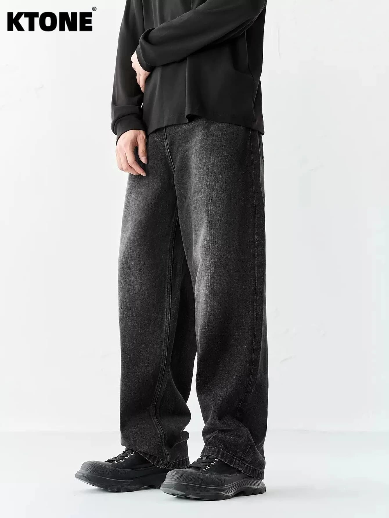 Jeans Neri Larghi da Uomo Stile Y2K Originale Casual Pantaloni in Denim Senza Accessori o Cinture Incluse