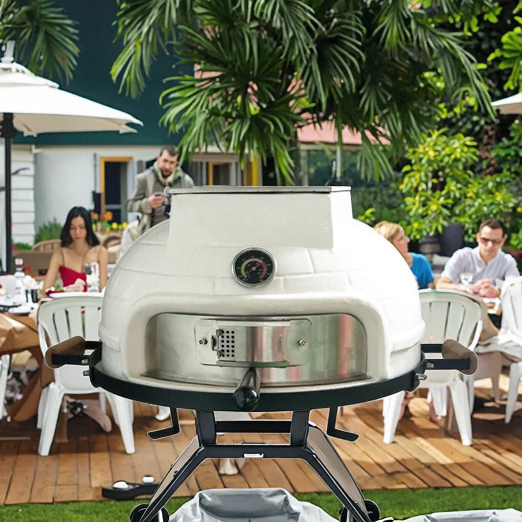 Portable 21 Inch Ceramic Charcoal BBQ Grill Brick Texture Tabletop Pizza Oven Smoker Cooker Set with Pizza Stone for Patio Garde