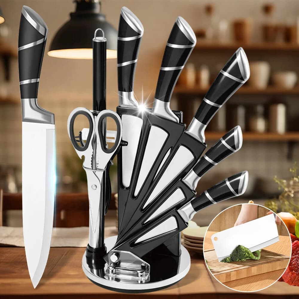 ZENG Stainless Steel Kitchen Knives Set Sharpened Chef Knives Coated Non-stick with Sharpener to cut sliced into cubes