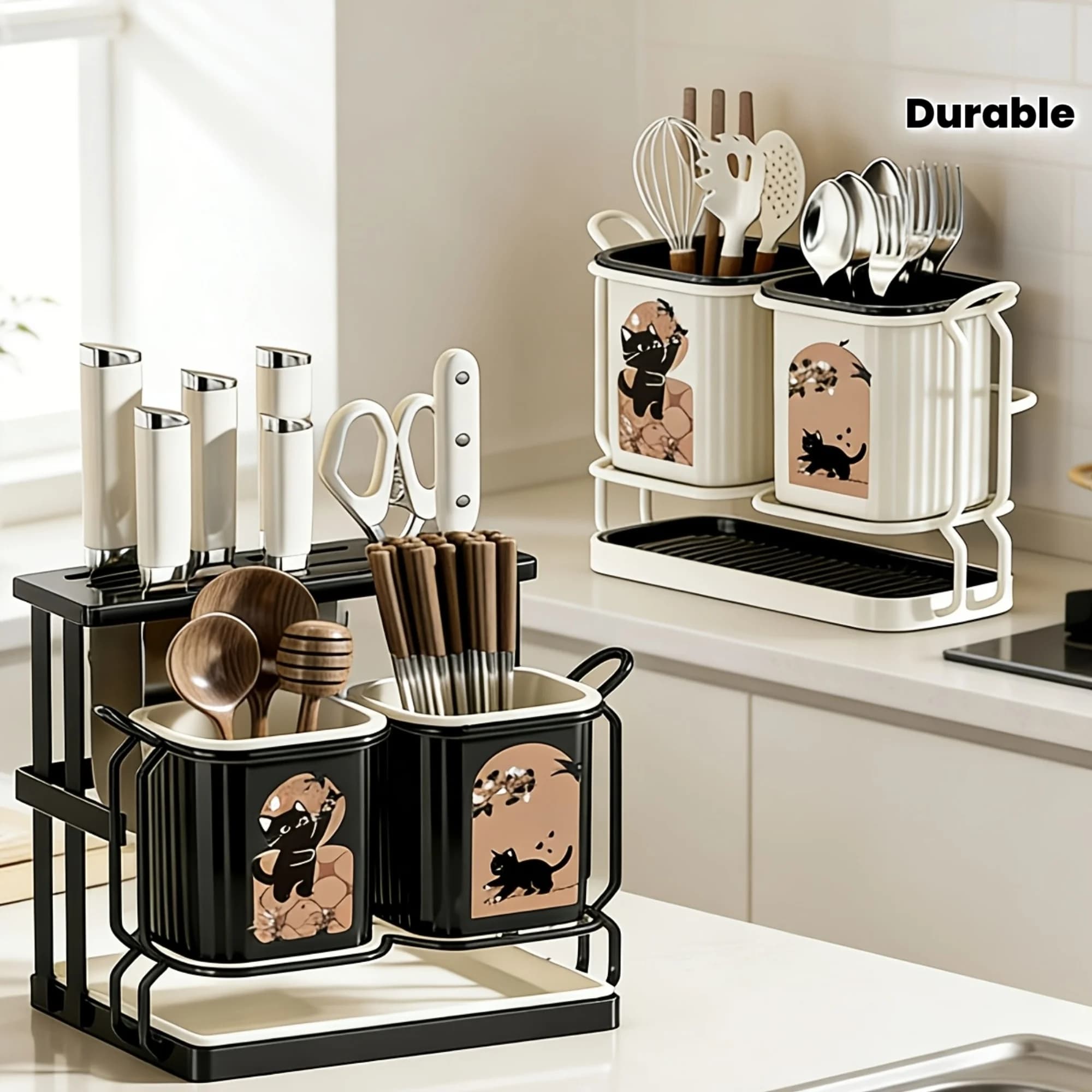 Organizzatore per utensili da cucina e coltelli in acciaio al carbonio con 2 contenitori per utensili, portaoggetti 2-in-1 da appoggio e da parete