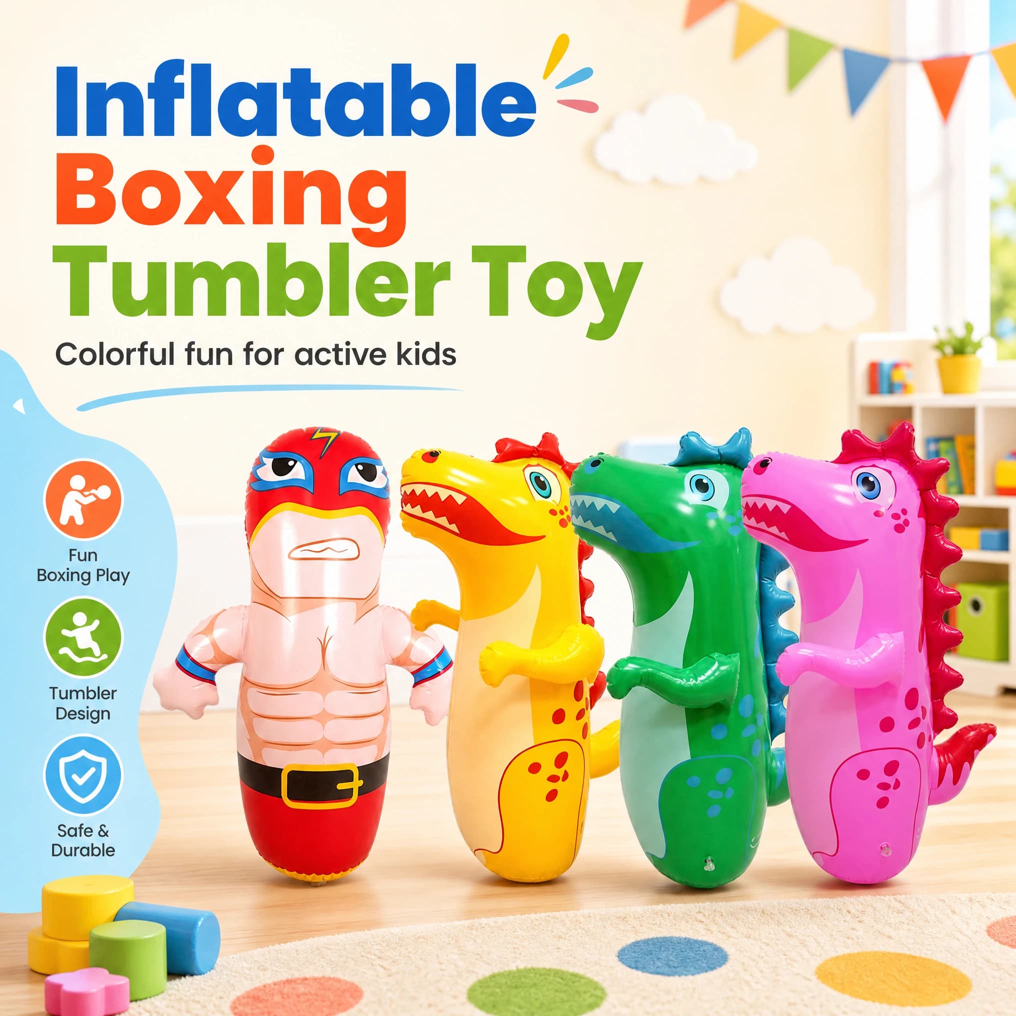 Inflatable Dinosaur Tumbler Thickened PVC Kids Punching Bag Water Weighted Base Stress Relief Boxing Toy Indoor Outdoor