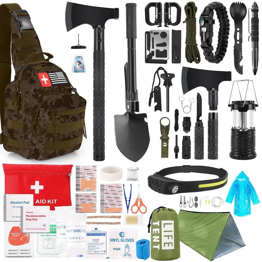 Kit di Sopravvivenza d'Emergenza da 268 Pezzi con Kit di Pronto Soccorso, Ascia da Campeggio, Lampada Frontale, Borsa a Tracolla per Campeggio