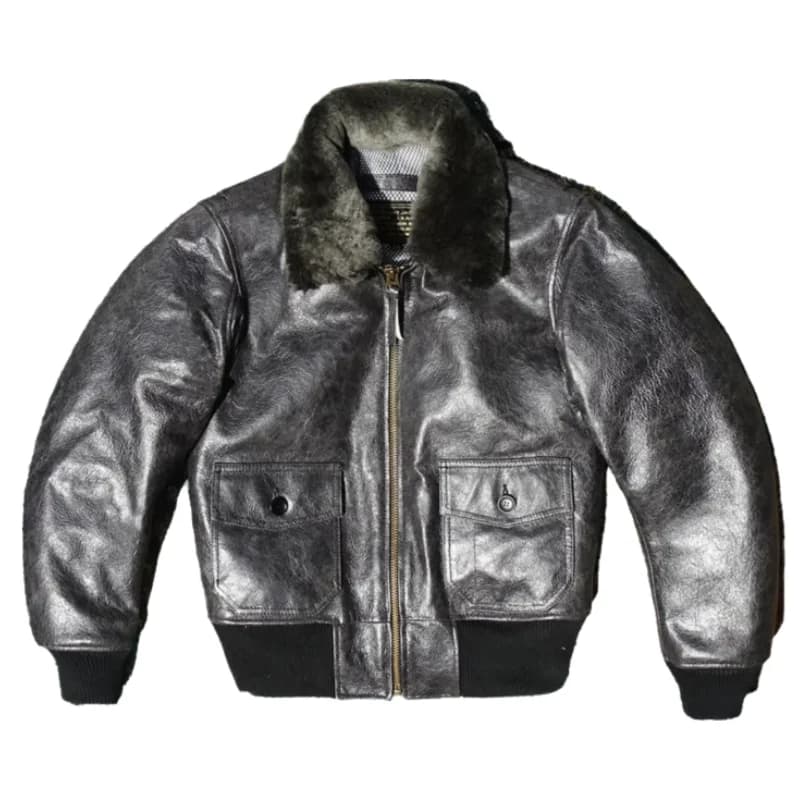 Giacca invernale in pelle nera blu da uomo stile vintage taglie forti 5XL Cappotto da volo G1 con colletto in lana di vacchetta spessa naturale genuina