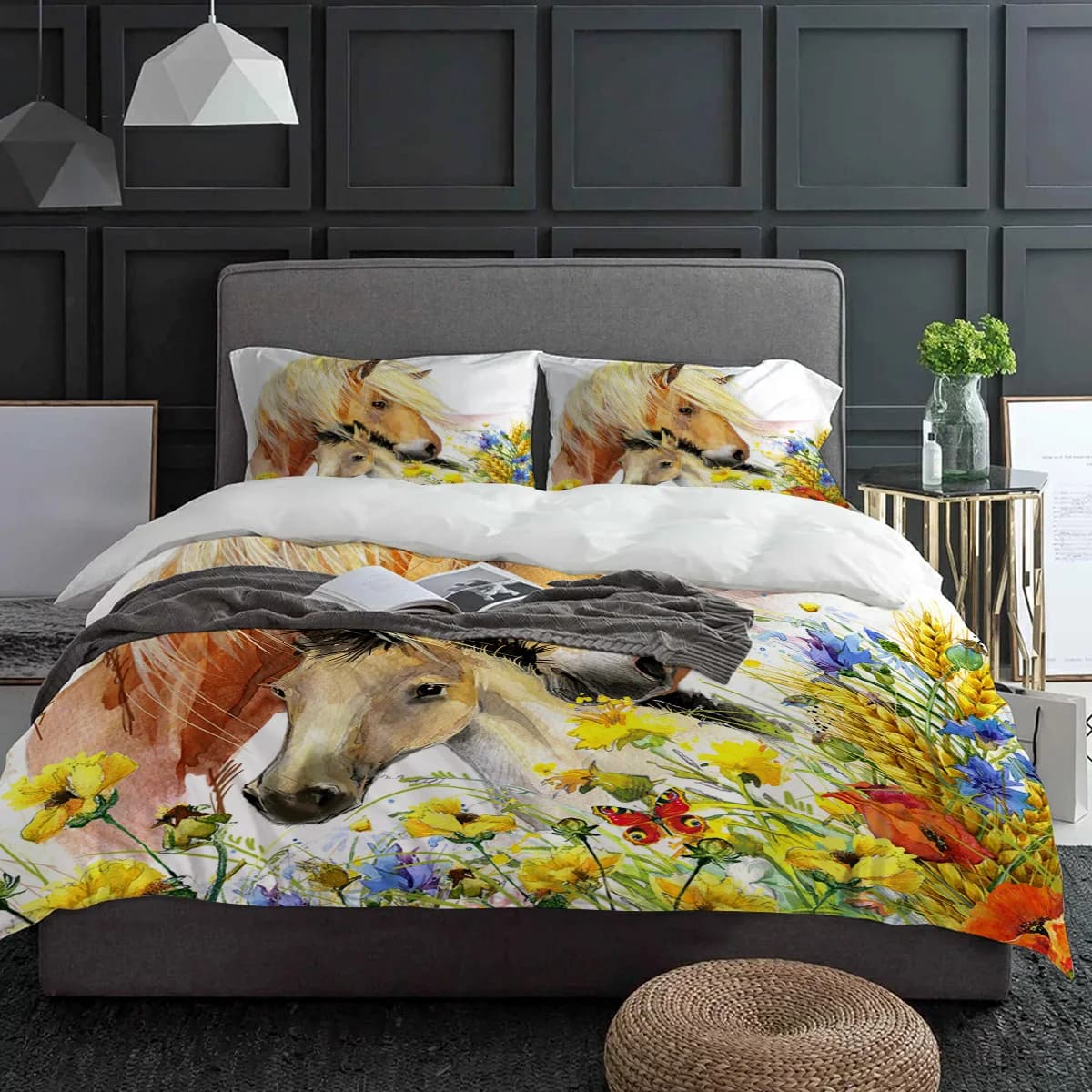 Colore Animale Cavallo Fiori ad acquerello Set biancheria da letto 3 pezzi Copripiumino Federa Bambini Copripiumino per adulti Set letto matrimoniale Tessili per la casa