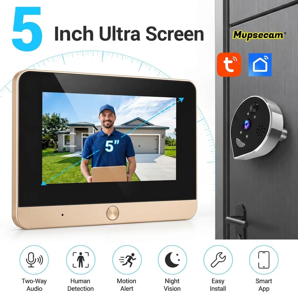 5MP Smart Life Mini Peephole Viewer 5inch Digital Screen Wifi 940nm IR Microwave Radar Motion Detection Door Camera with Battery