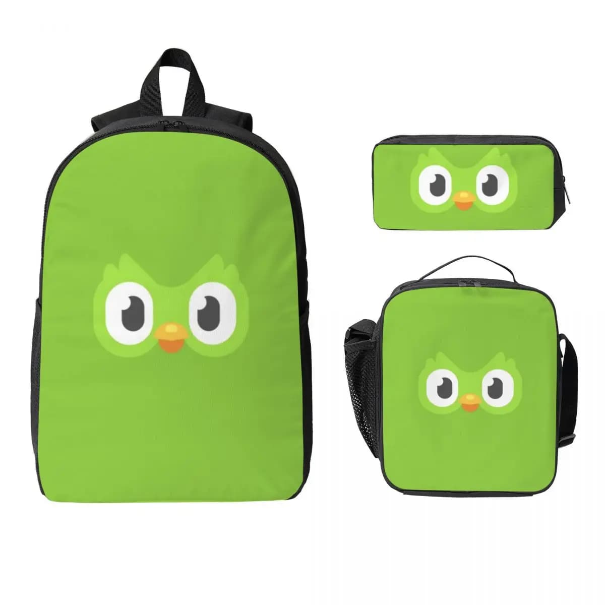 Duolingo Owl Duo Backpack Student Boys Girls BookBag School Bag Laptop Shoulder Bags 3ps Insulated Lunch Bag Pencil Case