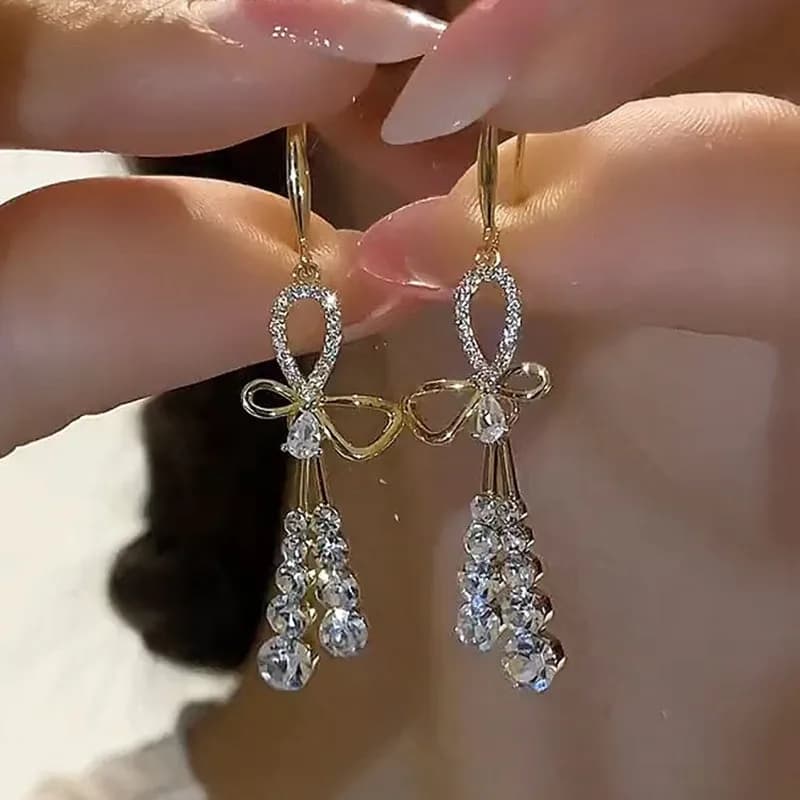 New exquisite earrings with zircon tassels with studs for women, luxurious and elegant dance accessories, jewelry for parties, anniversary gifts