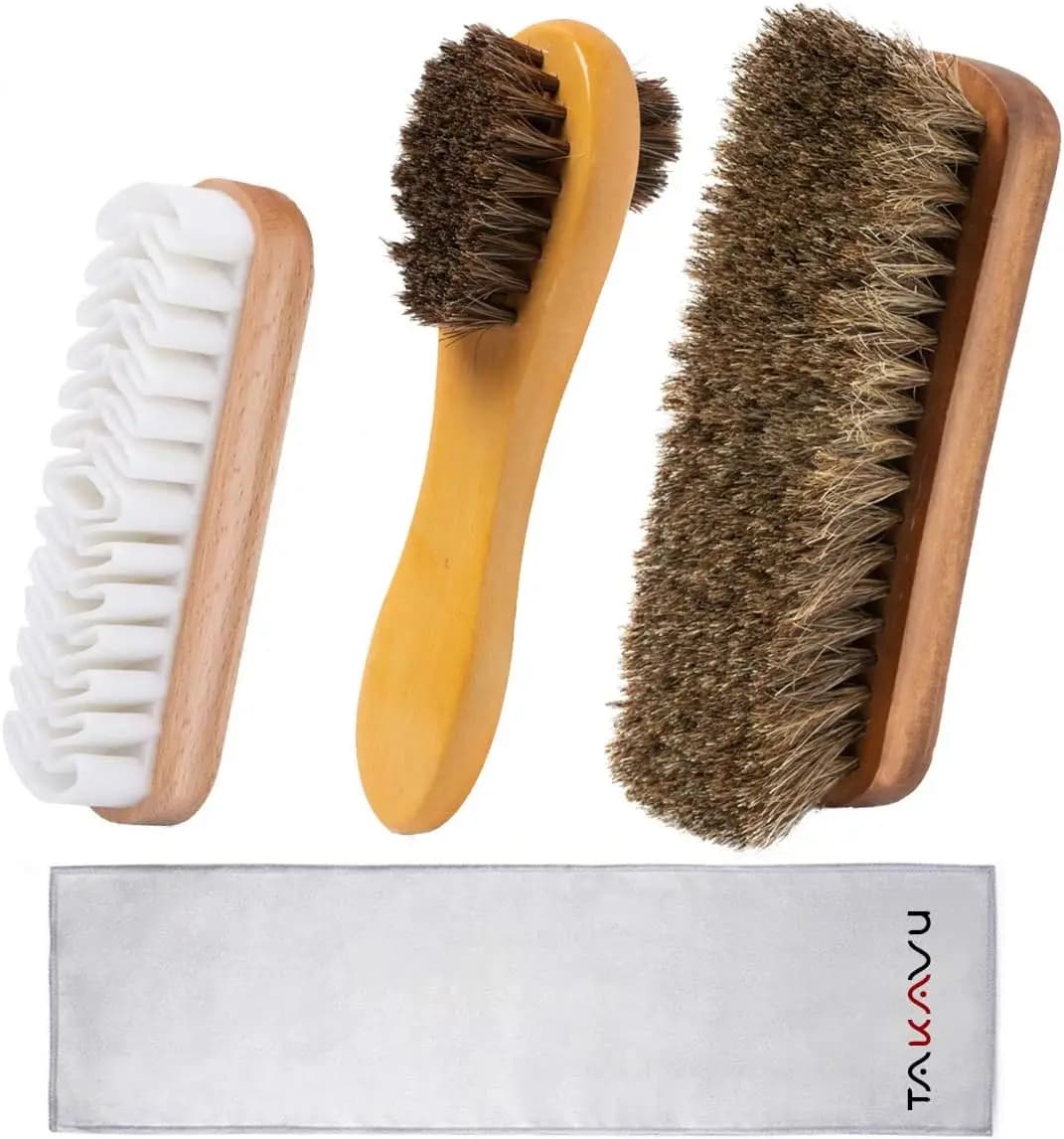 Kit di 4 spazzole per lucidare le scarpe con setole in crine di cavallo, applicatore, spazzola per camoscio e panno in microfibra per stivali e borse in pelle