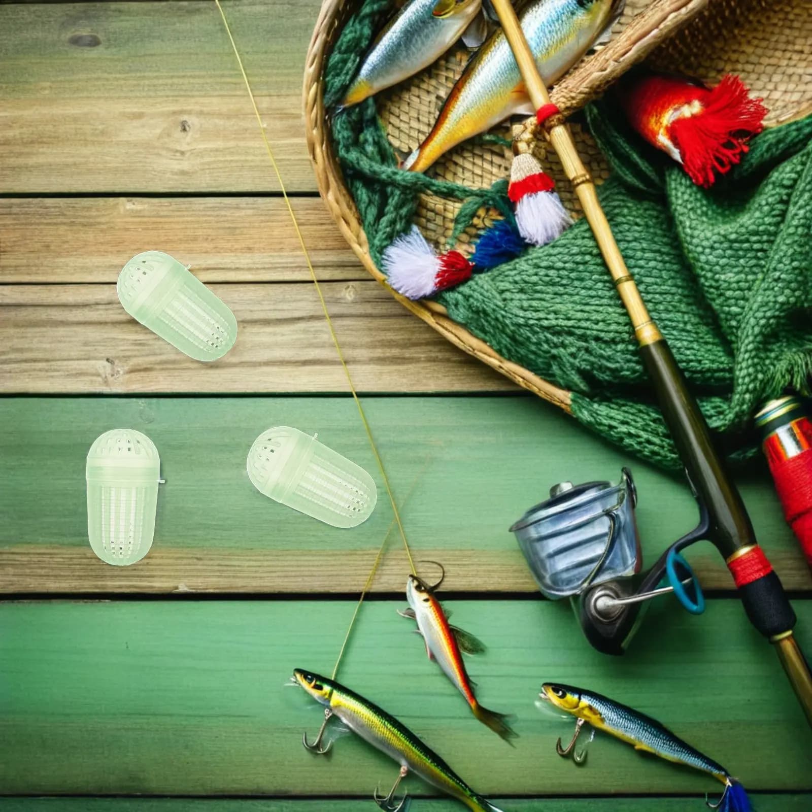 50 Pezzi Rete da Pesca Integrata con Contenitore per Esche, Gabbia Alimentatrice per Carpe, Gamberetti, Gamberi di Fiume, Granchi, Pesciolini - Ideale per Lago, Fiume, Oceano