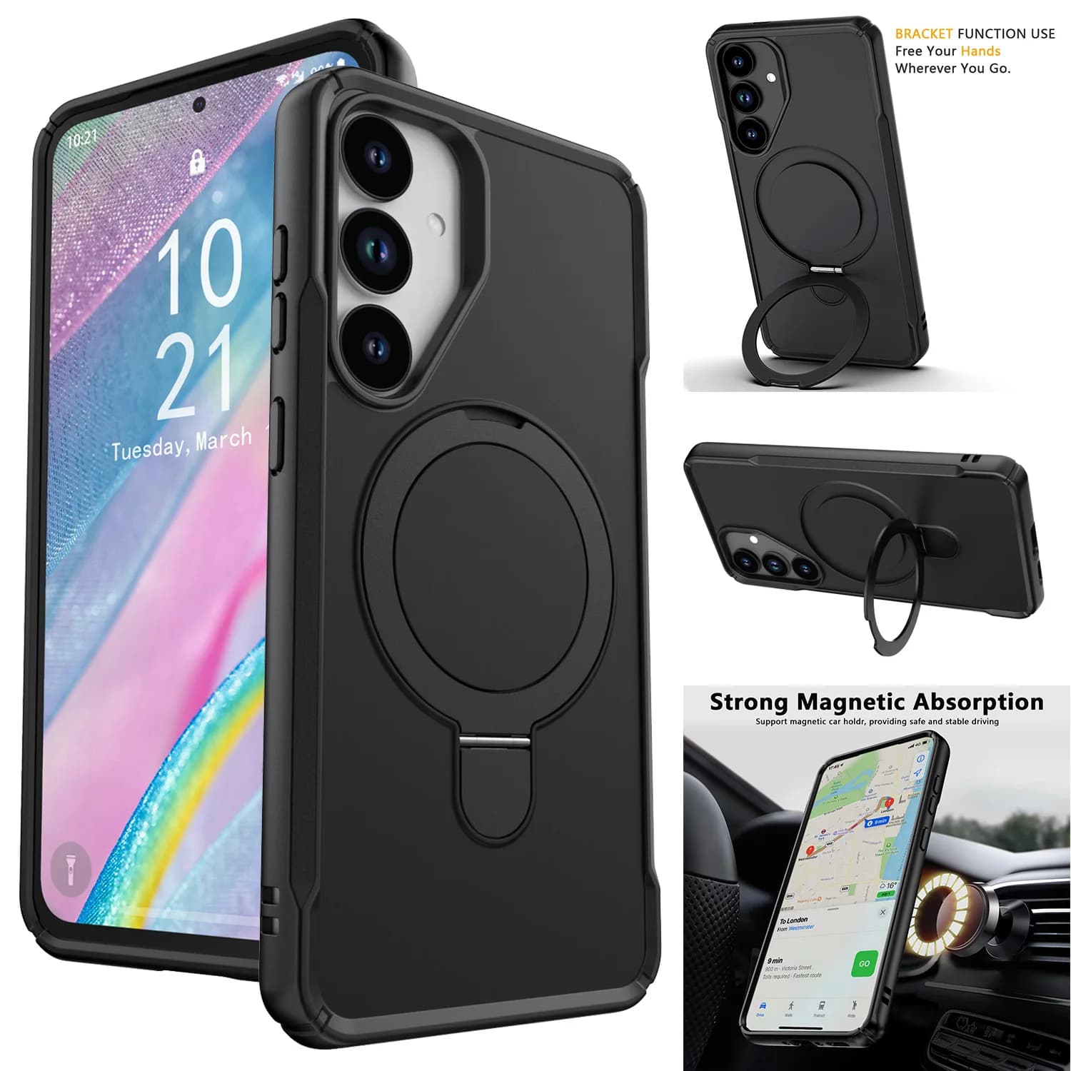 For Samsung Galaxy A35 5G Rugged Phone Case Magnetic Shockproof Ring Kickstand Protective Cover Black Color