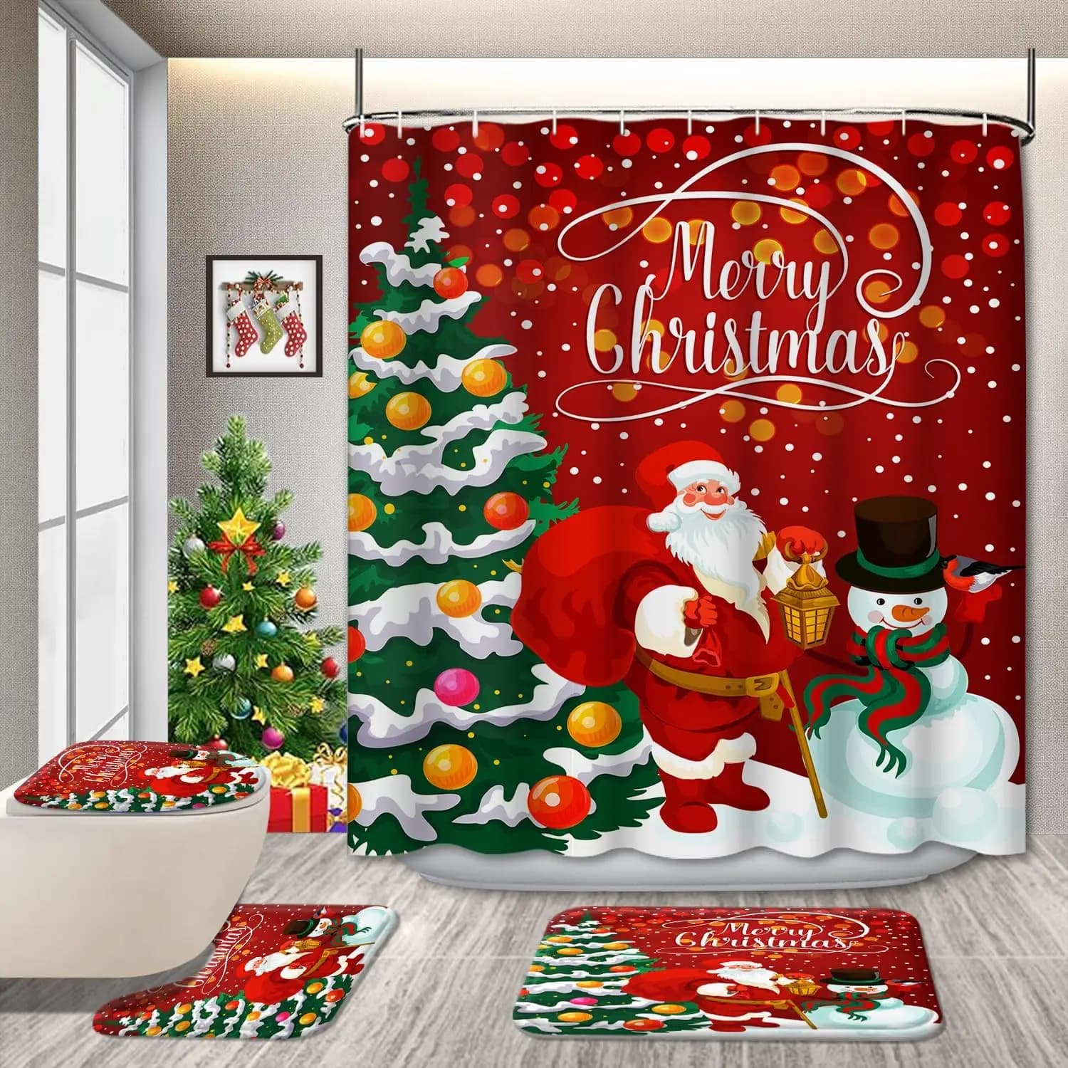 4PC Christmas Shower Curtain Set - Red Santa Tree Print with Non-Slip Rugs, Holiday Bathroom Decor, 12 Hooks, 71x71 in 180X180CM