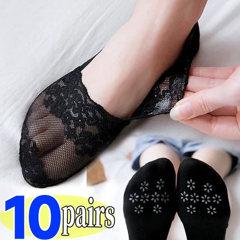 1/10 paia di calzini invisibili da donna in pizzo, a taglio basso, antiscivolo, traspiranti, casual, per scarpe basse e con tacco alto